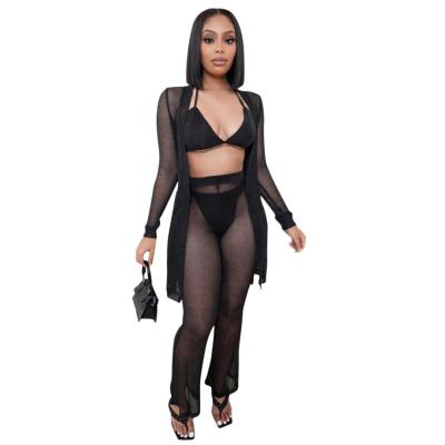 China 2022 Summer Y2K Customs Breathable Drop Shipping 4 Piece Set Women's Logo Drop Shipping Cardigan And Long Pants See Through Mesh Pants Set Women for sale