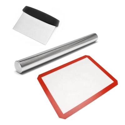 China Viable French Kitchen Dough Cutter Scraper Stainless Steel Rolling Pin And Silicone Baking Mat Set for sale