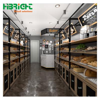 China Wooden Metal Bakery Shop Bread Display Racks Cabinet Shelf With Advertising Board Customized HBE-SR-BR for sale