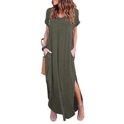 China Women's Color Short Sleeve Anti-Static Casual Loose Long Pocket Sheer Dress Split Maxi Dresses for sale