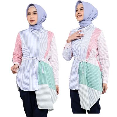 China Breathable Comfortable Muslim Women Blouse Long Stand Neck Tops Blouse With Belt for sale