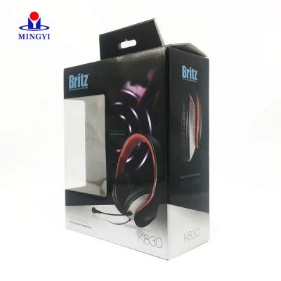 China Recyclable High Quality Custom Printing Matte Black Folded Paper Paperboard Box Consumer Electronics Headphone Packaging With Clear Window for sale