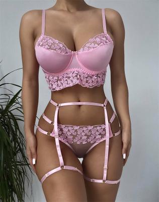 China Sexy mature women's sexy lingerie women's underwear pink suspender embroidery bra and panties set pink lingerie for sale