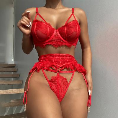 China Women's lace lingerie 3 pieces Lady Mature Sexy Red nightwear lingerie underwear thong belt garter belt for sale