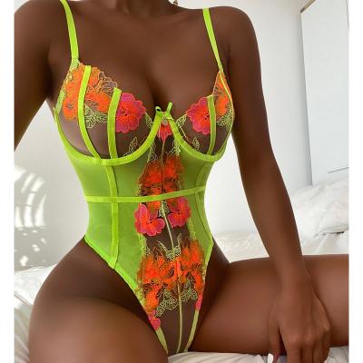 China One-Piece Neon Color Bodysuits Summer Flower Embroidery Bodysuit Women Lingerie Sexy Mature Woman Bodysuit Lingerie for sale