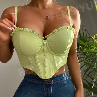 China Sexy QUICK DRY Women Bra With Underwire Ruffles Buttons Backless Crop Corset Tank Top Green Corset Top Sex for sale