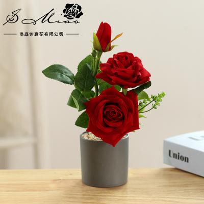 China Wholesale High Quality Rose Bonsai Artificial Bonsai With Velvet Three Spike Plastic Pot For Garden Decor for sale