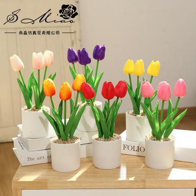 China Artificial Three Head Simulation New Chinese Style Transitional Home PU Tulip Bonsai Decoration Office Plastic Green Plant Bonsai for sale