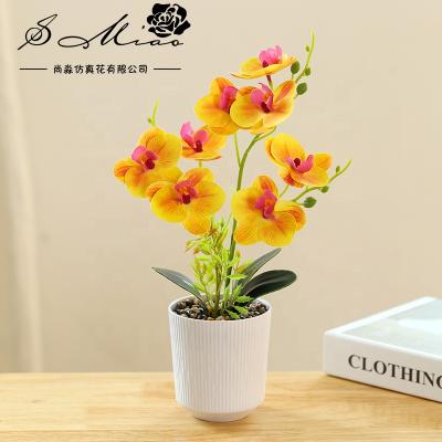 China Art Decor New Artificial Butterfly Orchid and White Melamine Pot Bonsai Bedroom Decoration for sale