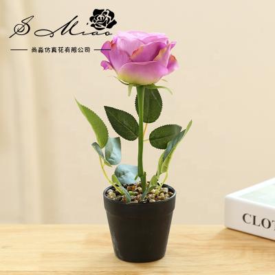 China Art Decor Factory direct sales single rose and pot black plastic bonsai home decoration for sale