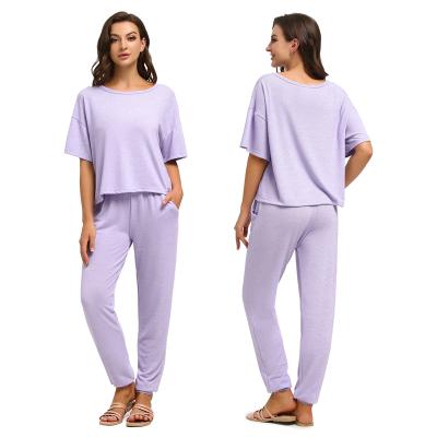 China Factory Wholesale QUICK DRY Short Sleeve Solid Blouse Pants Two Piece Pajamas Set Women's Pullover Lounge Sleepwear With Pockets for sale