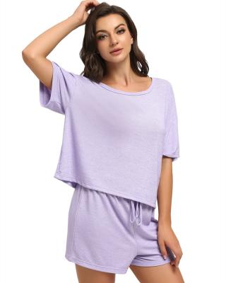 China QUICK DRY QUICK DRY Women's Pullover Top And Elastic Band Pijamas Solid Two Piece Shorts Set Casual Summer Knitted Sleepwear Female for sale