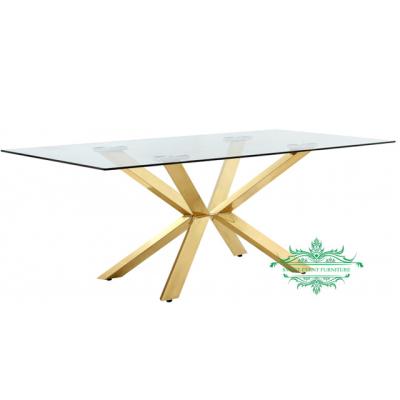 China Modern Modern X Shape Gold Wedding Low Dining Table With Clear Glass Top for sale