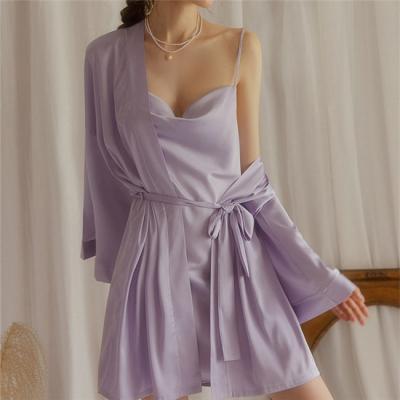 China Soft good quality silk nightgown and satin robe 2 pieces set pretty sexy pajamas nightgown women for sale