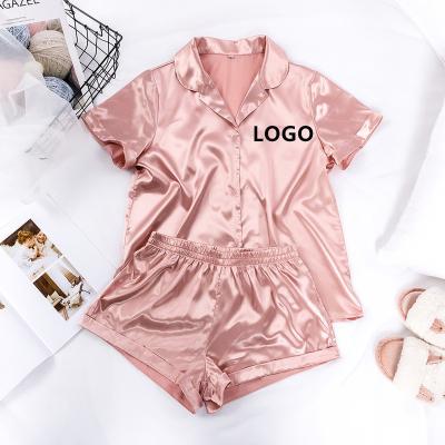 China Custom Logo Multi Colors Summer Girl Custom Logo Short Sleeve Women Sleepwear Tops QUICK DRY Shorts Nightgowns Costume Satin Pajamas for sale