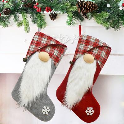 China 2022 New Fashion Amazon Plush Buffalo Plaid Christmas Gnome Stocking Great For Children's Gift Bag Xmas Tree Decoration for sale