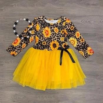 China Vintage Leopard Print Sun Flower Print Sun Flower Girl Dress Tulle Princess Tutu Dress Party Birthday Dress for sale