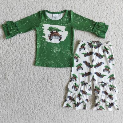 China Casual Babies Christmas Tree Clothes Full Sleeve Truck Letter Print Shirt Ruffle Pants Kids Clothing Boutique for sale