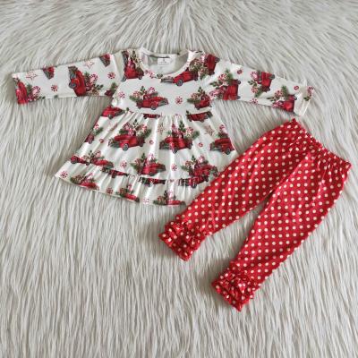 China Children's Clothing Sets Christmas Girl's Outfit Christmas Car Print Top Polka Dot Pants Girl's Clothes Boutique Fashion 2 Piece Set for sale