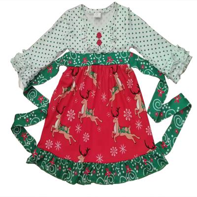 China 100% milk silk or 95%cotton+5%spandex Christmas shop selling Yiwu wholesale moose pattern long sleeve falbala red and green girls dress for sale