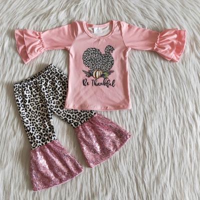 China Children's Clothing Sets Thanksgiving Animal Children's T-shirt Girl Chicken Cartoon Leopard Baby Bell Bottoms Fashion 2 Piece Set for sale