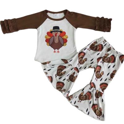 China 2020 Girls Thanksgiving Style Casual Wholesale Kids Ruffles Long Sleeve Raglan Print Outfit Turkey Bells Pants Baby Fall Clothes Sets for sale