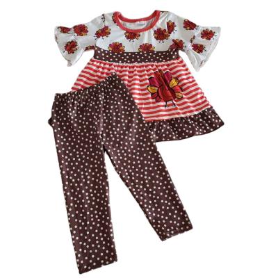 China 2020 Casual Thanksgiving Day Kids Girls Wear Turkey Outfit Stripe Leopard Legging Pants Bells Sleeve Shirt Baby Kids Clothes Sets for sale