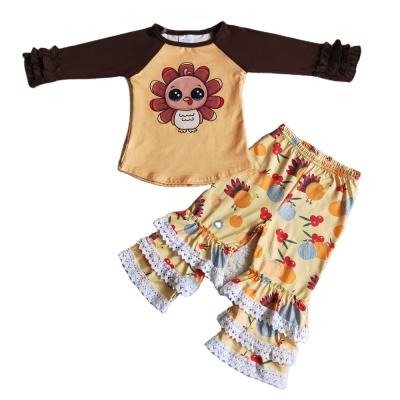 China New Thanksgiving Casual Baby Girls Long Sleeve RTS Turkey Print Shirt Ruffle Pants Clothes Kids Fall Wear Outfit for sale