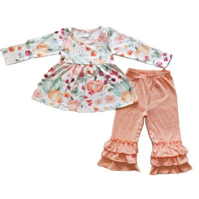 China Fall Casual Style Floral Print Pumpkin Baby Halloween Full Sleeve Tunic Shirt Toddler Ruffle Cotton Solid Pants Infant Outfit Wholesale for sale