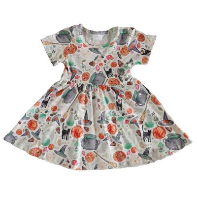 China 2020 Cute Casual Halloween Dress Girls Wear Short Sleeve Clothes Dresses Pumpkin Witch Hat Printing Baby Clothing for sale