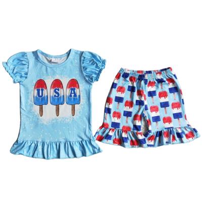 China Casual 4th of July Independence Day style babies popsicle USA letter print puff sleeve ruffle shirt shorts kids clothes 'equipment for sale