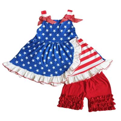 China New Star casual stripe outfits babies Independence Day 4th of July ruffle sling kids wear clothes sets solid cotton icing shorts for sale