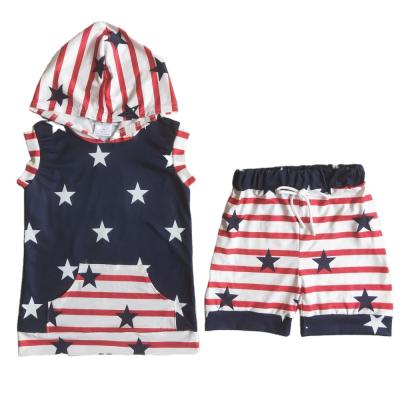 China New Kids 4th of July Casual Style Sleeveless Hooded Outfit Stripe Navy Star Shorts Baby Boy Summer Independence Day Clothes for sale