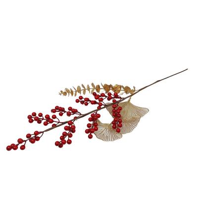 China Postmodern Wholesale Red Fruit Christmas Fortune New Year Artificial Fruit Decoration With Ginkgo Biloba Leaf And A Eucalyptus for sale