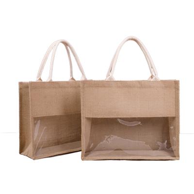 China New Arrival Fashion Reusable Simple Empty Portable Clear Transparent Tote Button Jute Shopping Bag Canvas Bags for sale