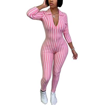 China 9019 QUICK DRY Sexy Women One Piece Outfits Party Clubwear Deep V Neck Striped Long Sleeve Bodycon Jumpsuit Rompers for sale