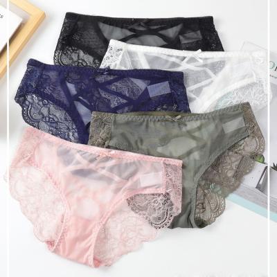 China 1793 Cute Woman Girls Breathable Comfortable Low Waist Cavity Mesh Briefs Underwear Transparent Panty Lace Panties for sale