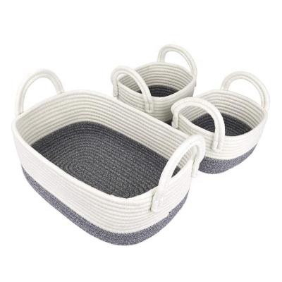 China Folding Set of 3 White and Dark Gray Cotton Rope Basket of Organization for Home Bedroom Bathroom Storage Cotton Rope Woven Storage Basket for sale