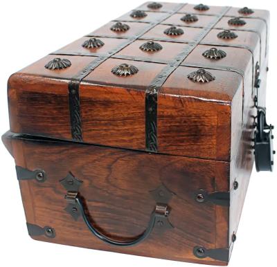 China Sustainable Treasure Chest Wooden Box with Antique Iron Lock and Dummy Key - Storage and Decor (Large 14.25 x 7.75 x 6