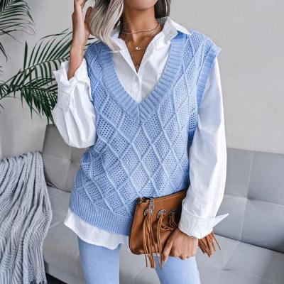 China 2021 QUICK-DRY European and American autumn and winter new v-neck diamond lattice hollow leisure knitted sweater for sale