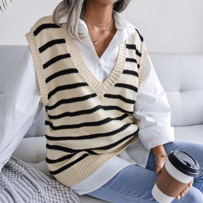 China 2021 QUICK-DRY new autumn and winter European and American stripe V-neck casual knitted sweater vest new for sale