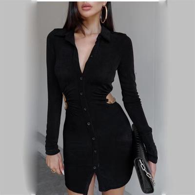 China 2021 Autumn Women's New Breathable Cavity Chain Cardigan Waist Button Lapel Temperament Decorative Dress for sale