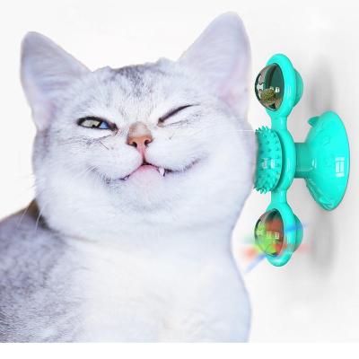 China Amazon Hot Stocked Cat Products Windmill Cat Toys With Catnip Light Ball Turntable Teeth Grooming Toy With Sucker Fun Green for sale