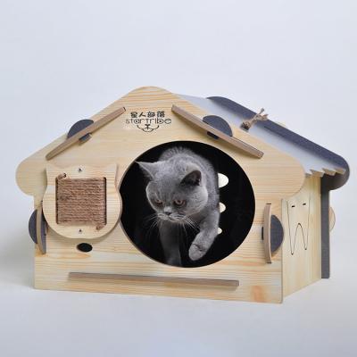 China Custom Made Luxury Solid Wood Cat Villa Wooden Indoor Cat House Pet House Cover Removable Hot Selling for sale