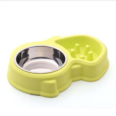 China Viable Dog Slow Feeder 2 In 1 Double Dog Cat Water Bowls Stainless Steel Double Bowl With Non-Slip Pad Slow Feeder For Small Dog for sale