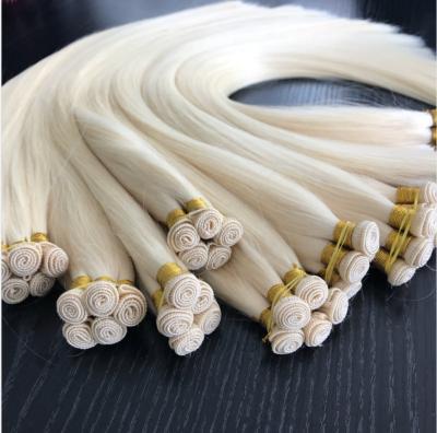 China Silky Straight Hand Tied Blonde Hair Weave Extension Double Weft European Hair Weave Bundles for sale