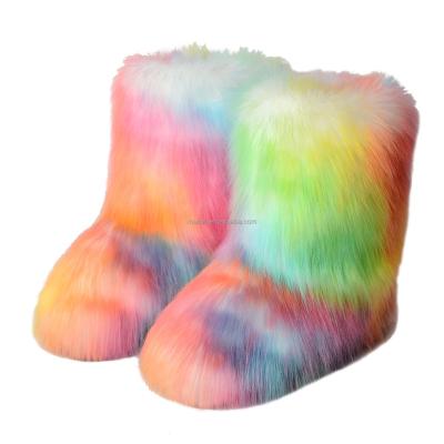 China 2022 Wholesale New Winter Home Outdoor Colorful Faux Fox Fur Snow Boots Anti-slippery Warm Comfortable Boots For Women for sale