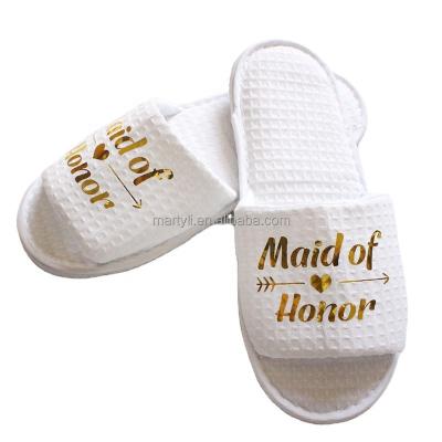 China Wholesale Custom Round Team Bride Bridesmaid Maid Of Honor Velvet White Wedding Slippers For Guests for sale