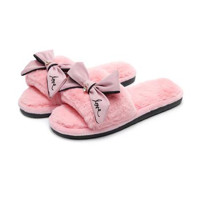 China Cushioning Wholesale Bow Fluffy Home Slippers Satin Shoes Indoor Wedding Gift For Women Girls Toes Faux Fur Open Slides for sale