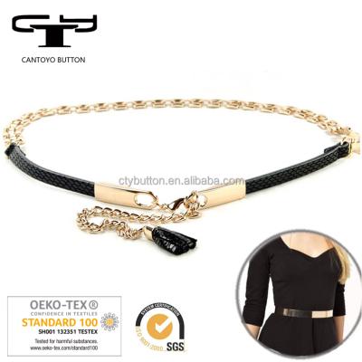 China New High Quality Fashion Delicate Slim Gold With Leather Metal Chain Belt for sale